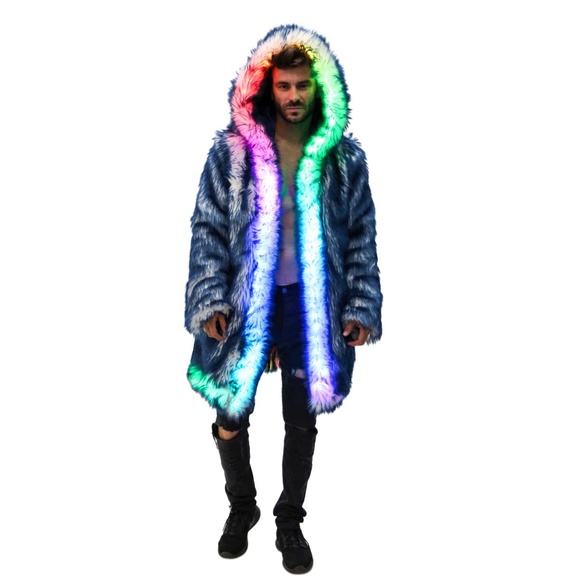 FURROCIOUS FURR Men's Faux Fur LED Blue WhiteCoat for Festivals